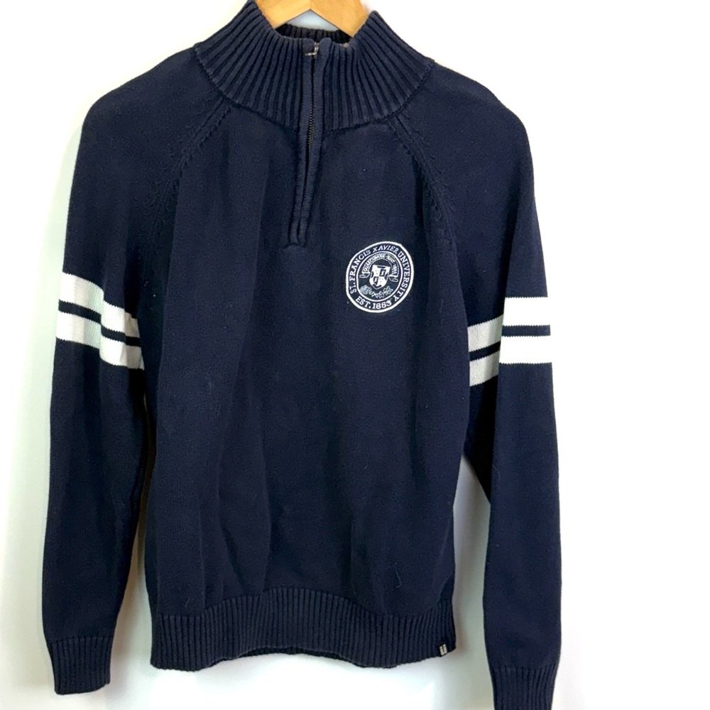 St FX University Navy Blue quarter Zip Sweater with White Stripes size L
